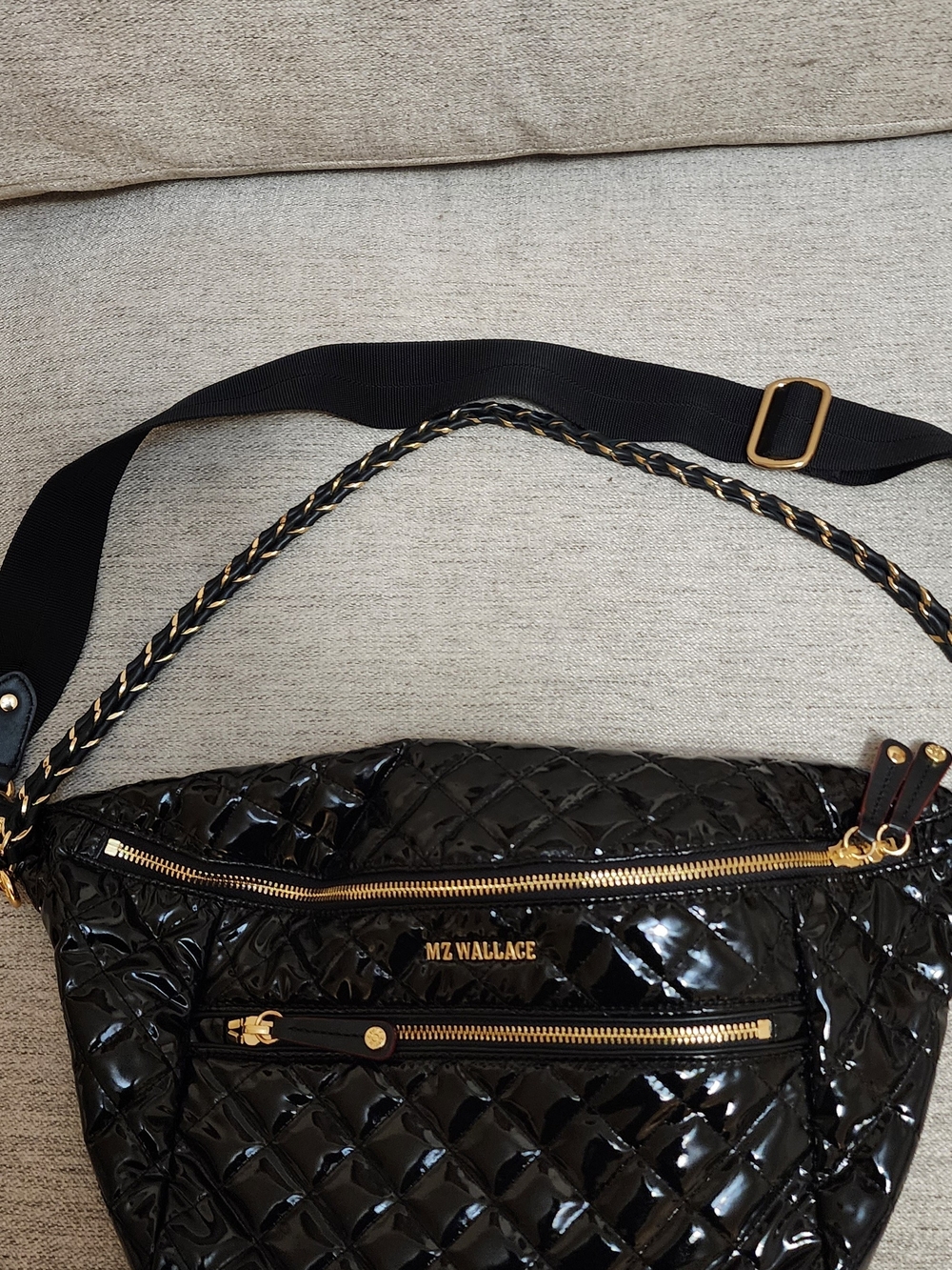 MZ Wallace Black Quilted Patent Crossbody Belt Bag with Gold Hardware - Picture 2 of 8